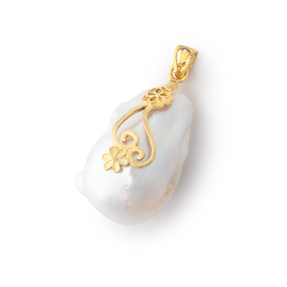 27x16mm Vermeil Capped White Ultra Baroque Pearl 1 Pendant - BeadsofCambay.com