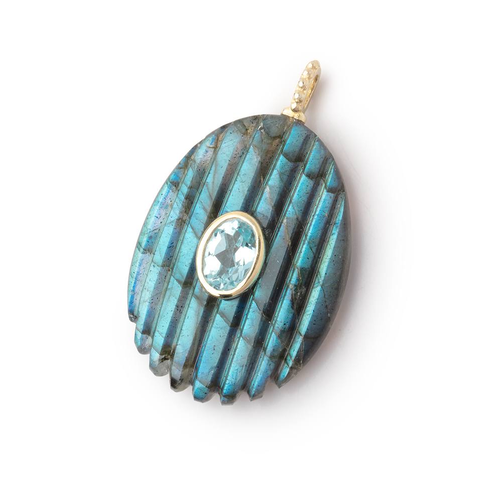 28x20mm Labradorite Carved Oval with Bezeled Aqua Inlay 1 Pendant - BeadsofCambay.com