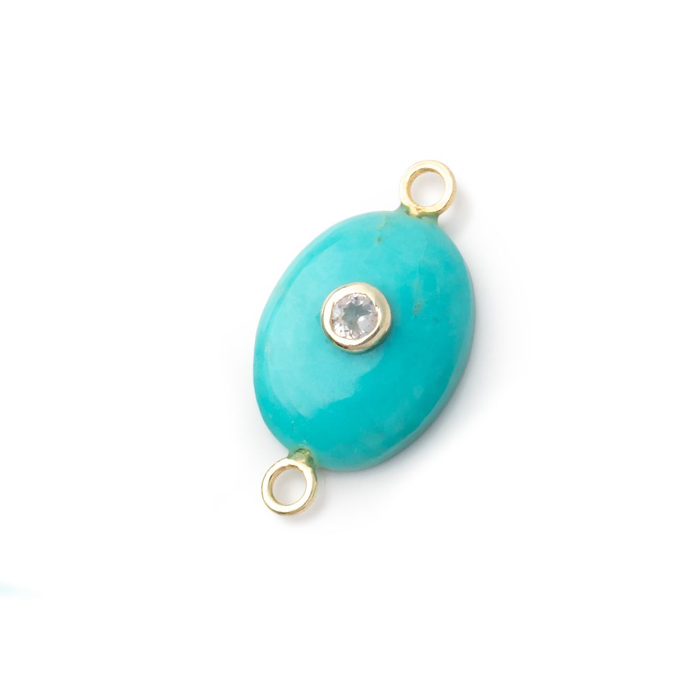 15-15.5mm Turquoise Plain Oval with a White Topaz Bezel Inlay 1 Connector - BeadsofCambay.com