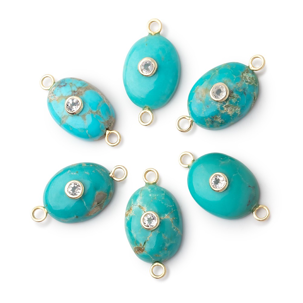 15-15.5mm Turquoise Plain Oval with a White Topaz Bezel Inlay 1 Connector - BeadsofCambay.com
