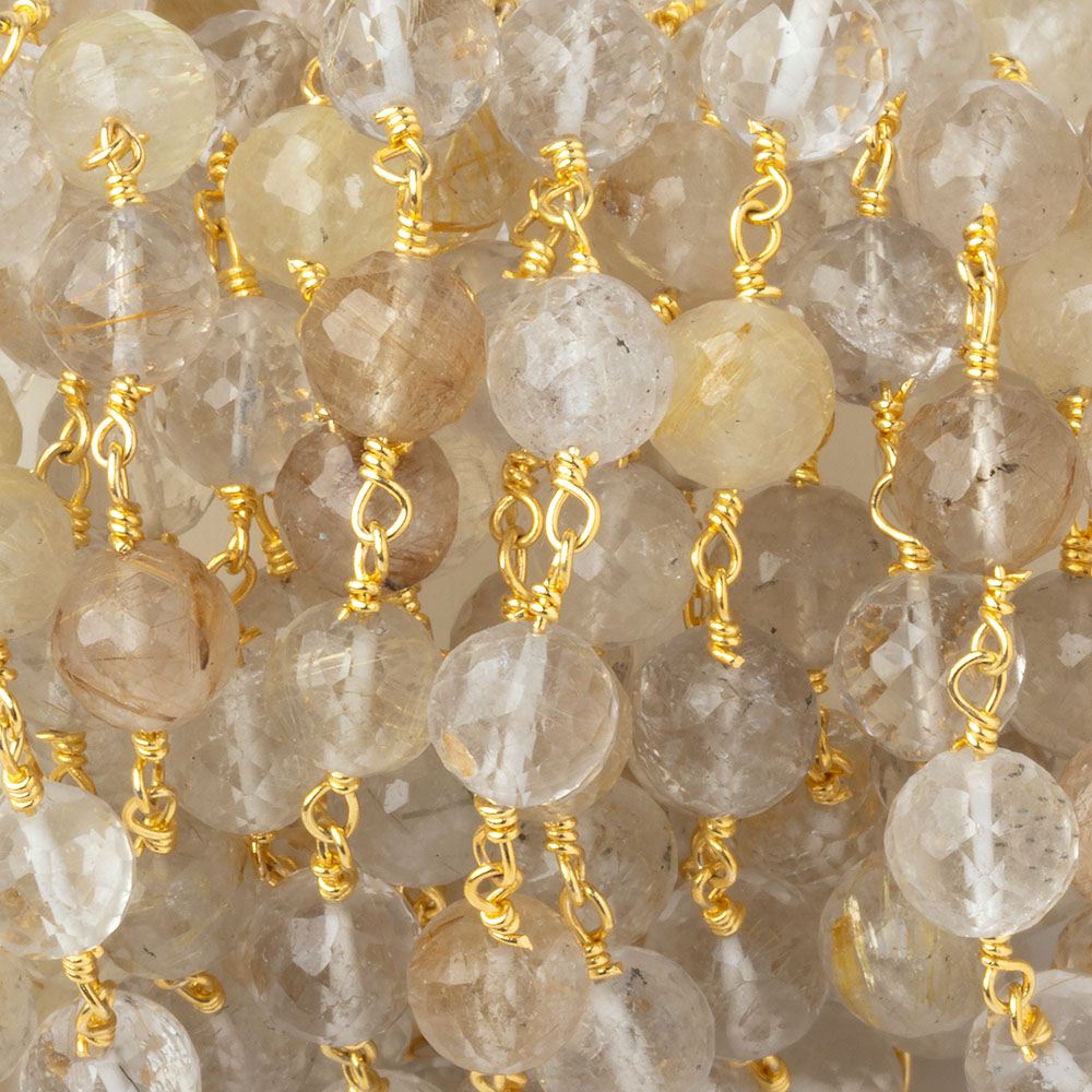 6.5mm Rutilated Quartz Faceted Rounds on Gold Plated Chain - Beadsofcambay.com