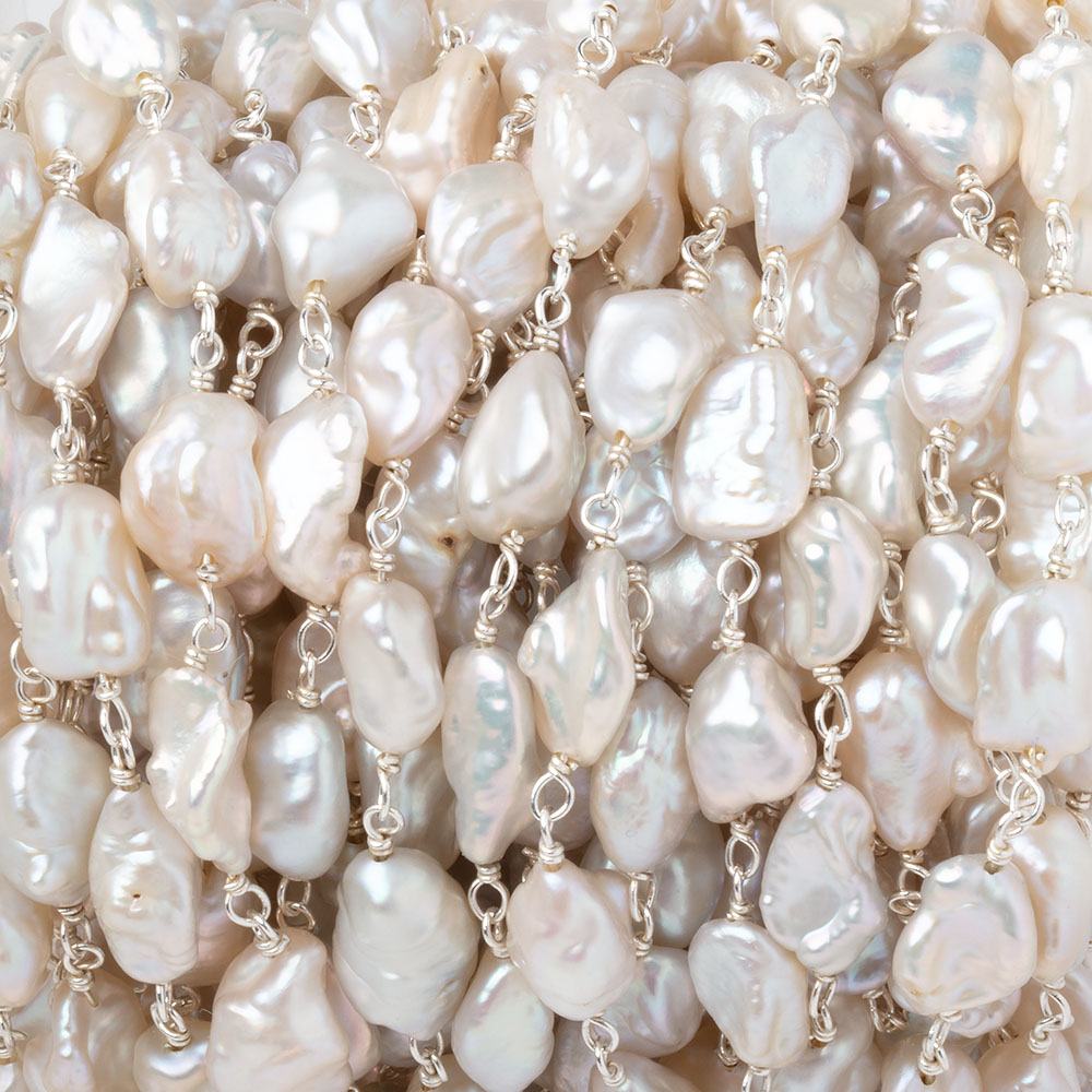 8x6-9x7mm Cream Keshi Pearls on .925 Silver Chain - Beadsofcambay.com