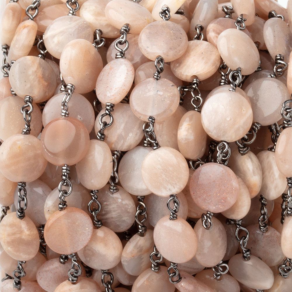 9mm Peach Moonstone Plain Coins on Black Gold Plated Chain - Beadsofcambay.com