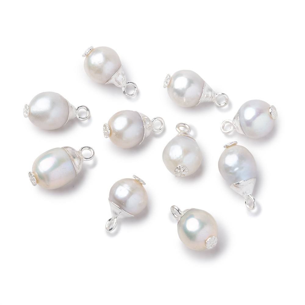 9x7mm Silver Leafed White Drop Freshwater Pearl Pendant Focal 1 piece - Beadsofcambay.com