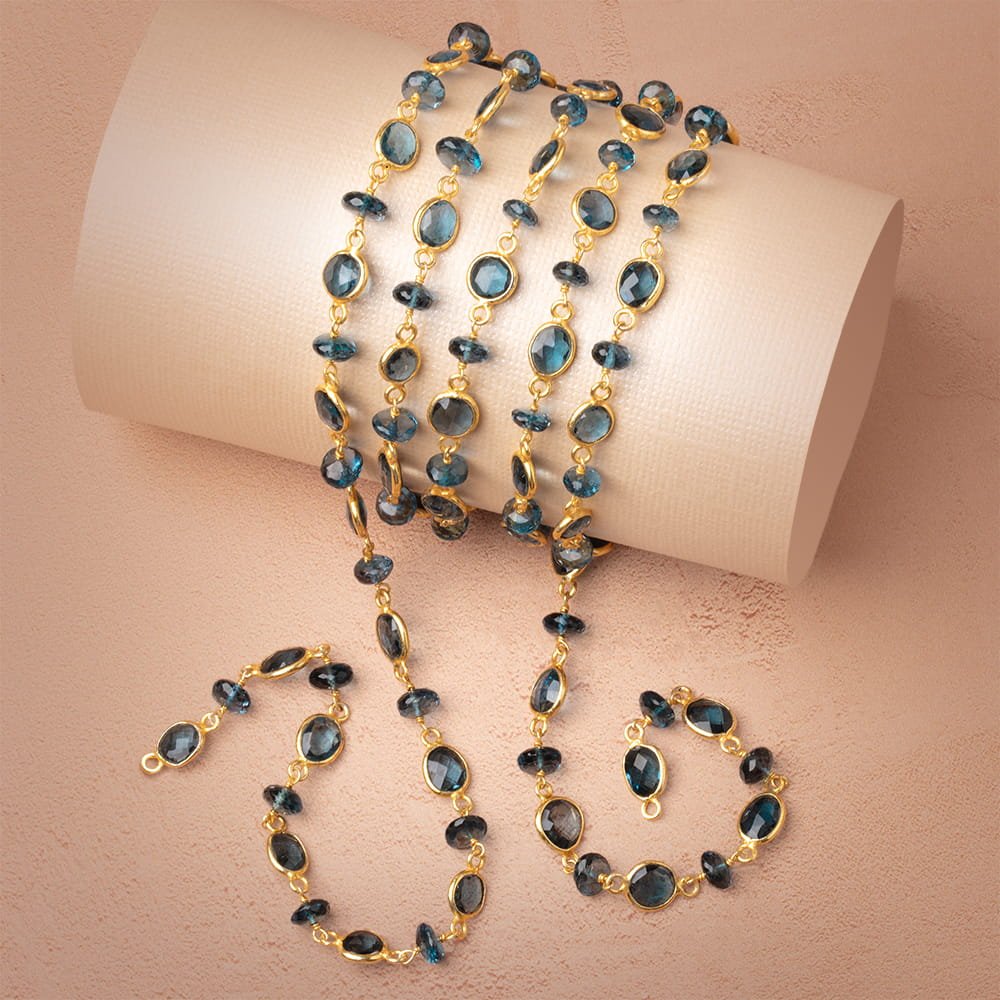 London Blue Topaz Vermeil Bezel & Faceted Rondelle Chain by the Foot - Beadsofcambay.com