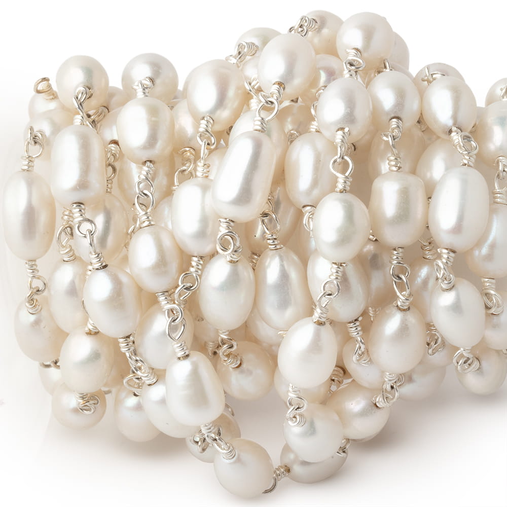 Lot of 7 Feet - White Oval Pearls on Silver Plated Chain - Beadsofcambay.com