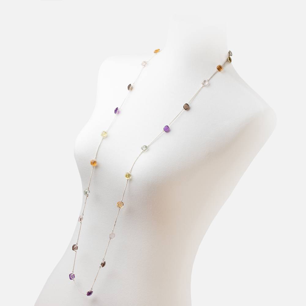 Multi Gemstone Faceted Cushion .925 Silver Bezel Set Chain Necklace AAA - Beadsofcambay.com