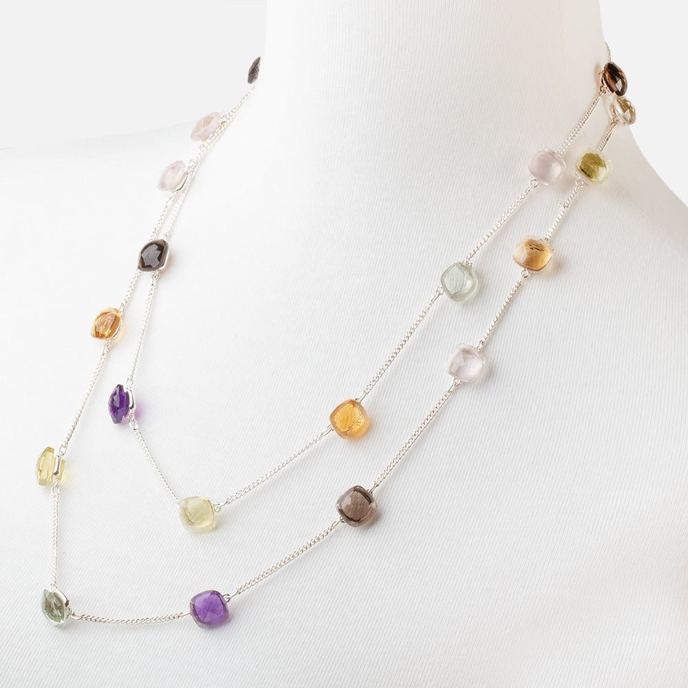 Multi Gemstone Faceted Cushion .925 Silver Bezel Set Chain Necklace AAA - Beadsofcambay.com