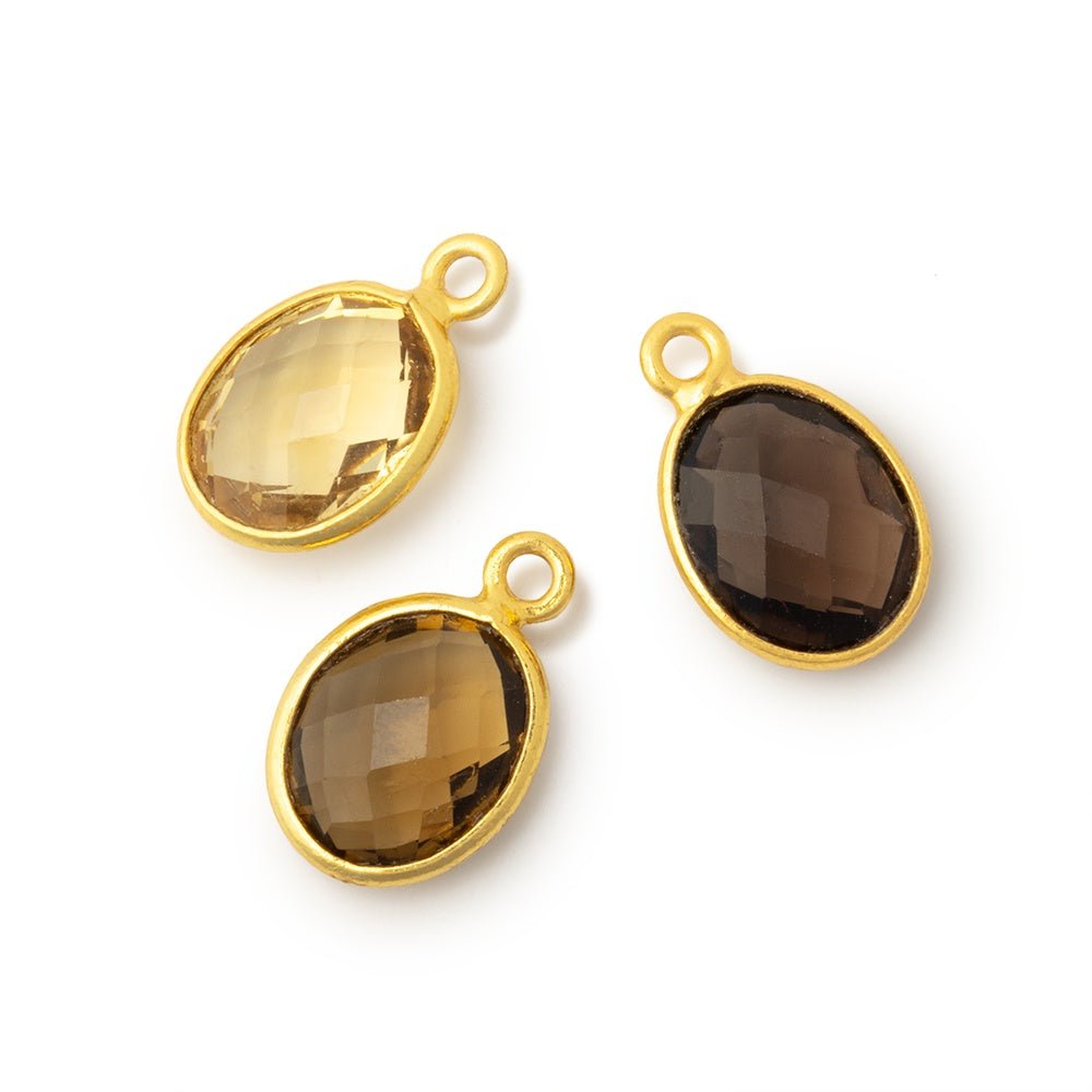 Set of Three 11x9mm Vermeil Bezel Whiskey Quartz Faceted Oval Pendants - Beadsofcambay.com