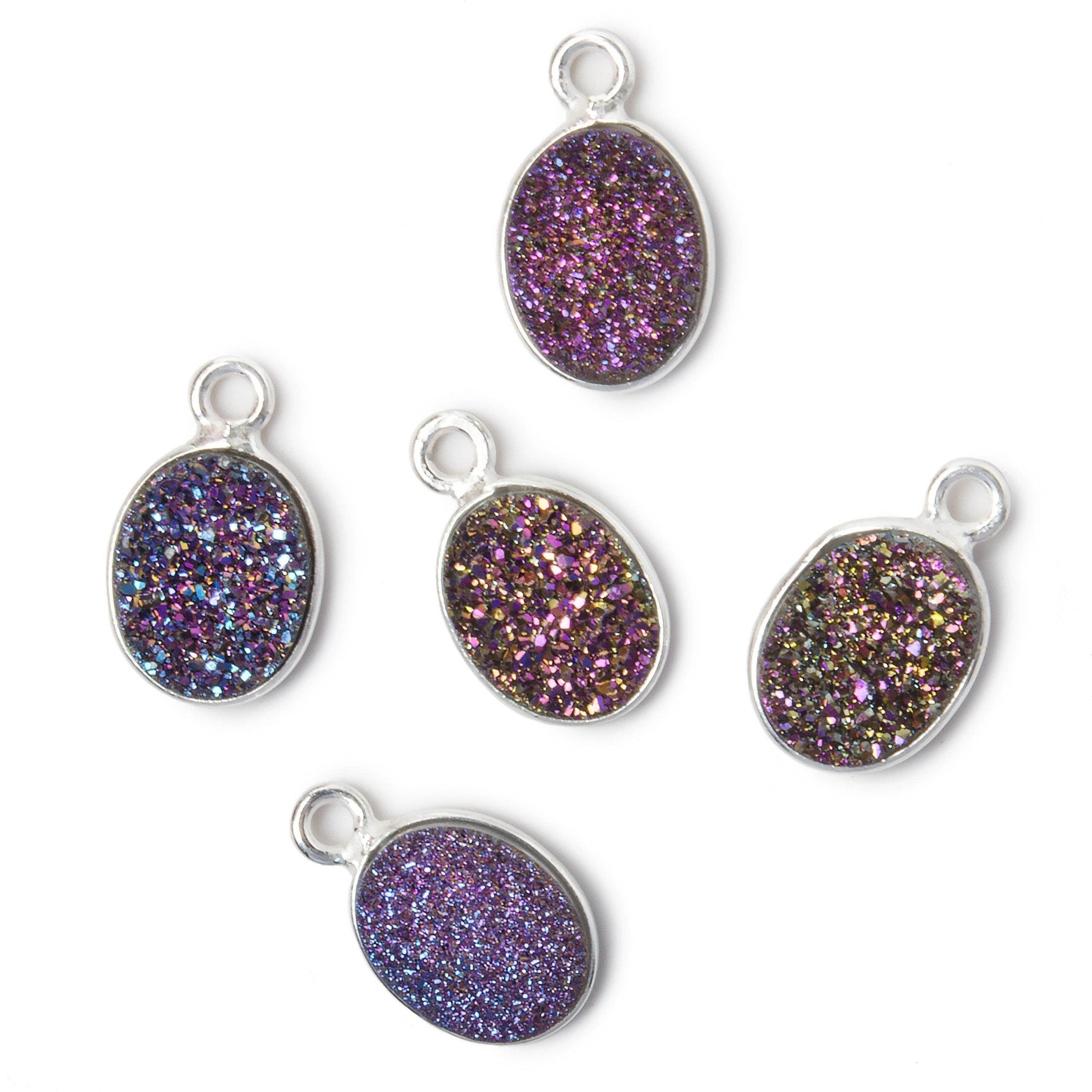 10x8mm Silver .925 Bezel Mystic Peacock Drusy Oval Pendant 1 piece - Beadsofcambay.com