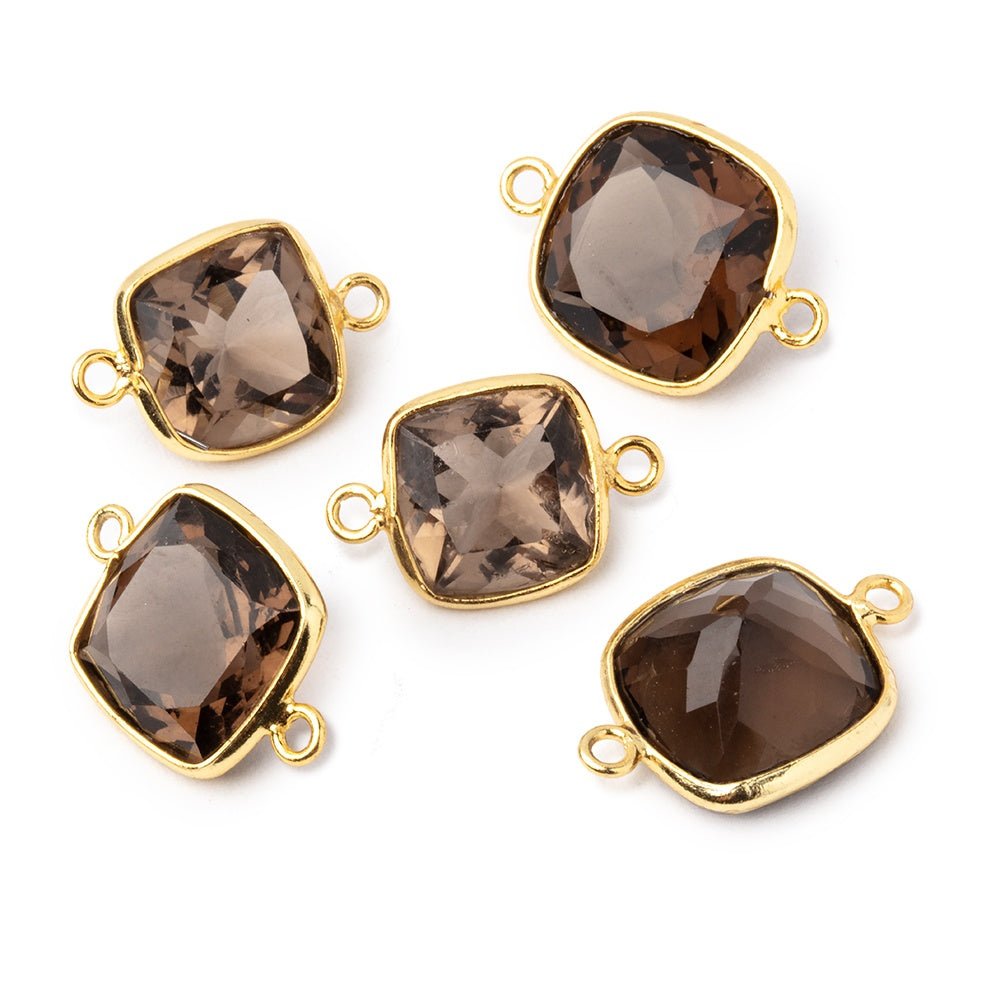 11-12mm Vermeil Bezel Smoky Quartz Pavilion Faceted Cushion Connector 1 piece - Beadsofcambay.com