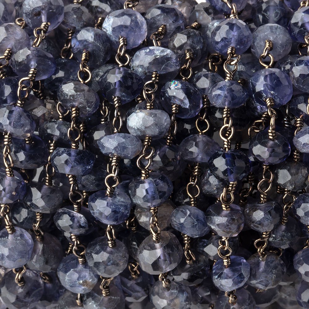 6mm Iolite faceted rondelle Black Gold Chain by the foot 30 pcs - BeadsofCambay.com