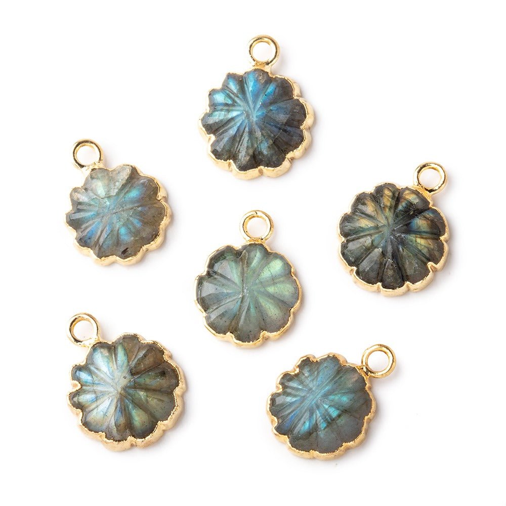 11mm Gold Leafed Labradorite Carved Floral Coin Focal Pendant 1 piece - Beadsofcambay.com