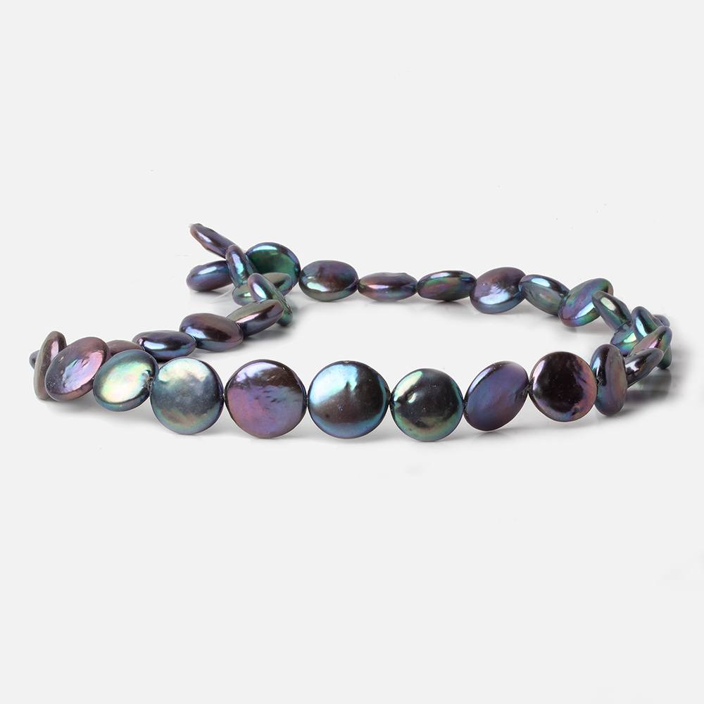 12-13mm Peacock Blue Purple Coin Freshwater Pearl 16 inch 31 pieces A - Beadsofcambay.com