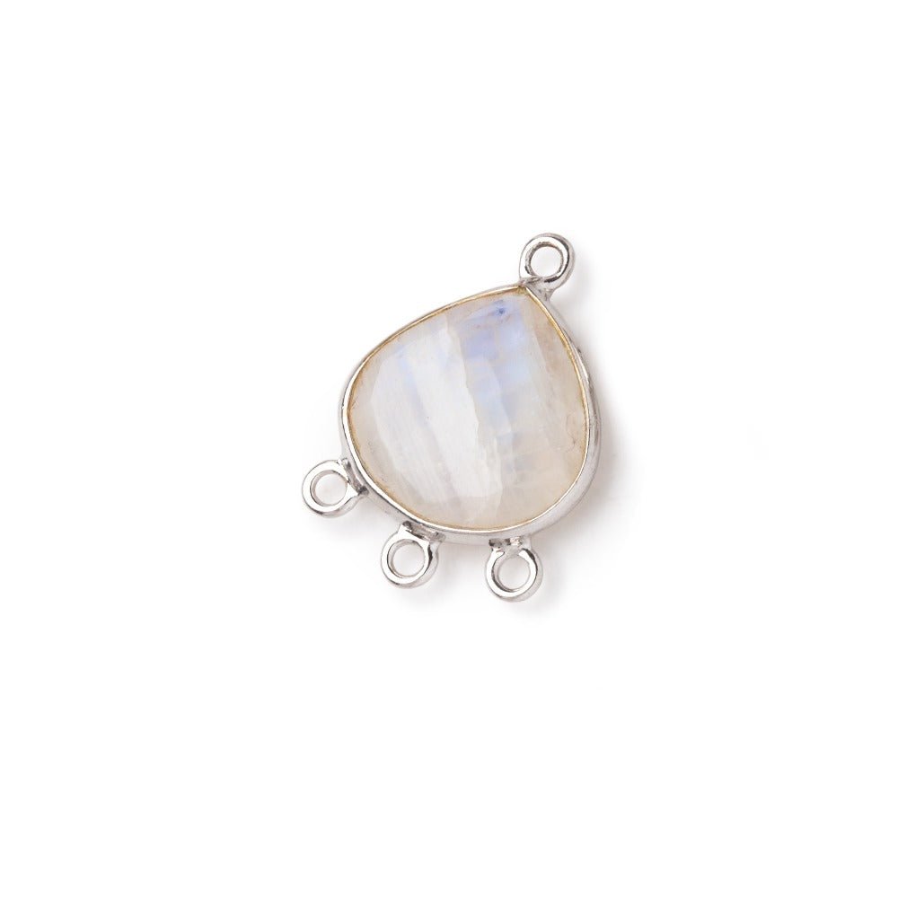 12mm .925 Silver Bezel Rainbow Moonstone faceted heart 3 ring Connector 1 piece - Beadsofcambay.com