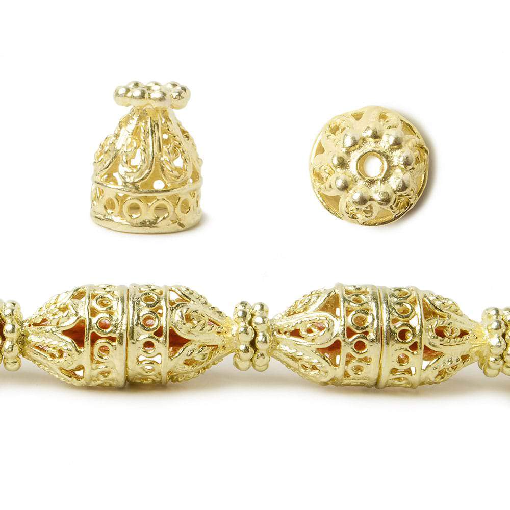 12x10mm 14kt Gold plated Copper Cone Filigree and Miligrain Top 8 inch 18 beads - Beadsofcambay.com