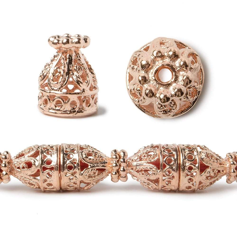 12x10mm Rose Gold plated Copper Cone Filigree and Miligrain Top 8 inch 18 beads - Beadsofcambay.com