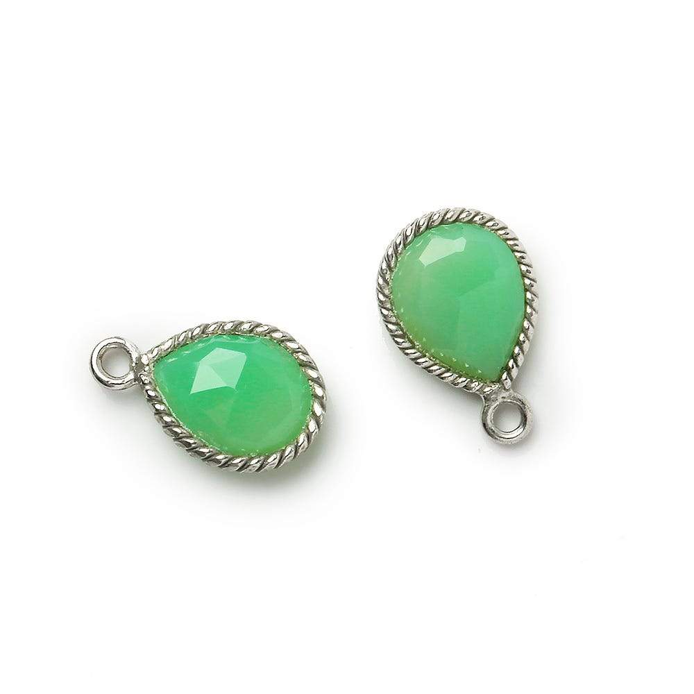 12x8mm Silver Bezel Rope Lime Green Chalcedony Pear Pendant 1 piece - Beadsofcambay.com