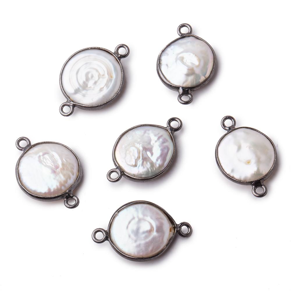13mm Black Gold Bezel White Coin Pearl Connector 1 piece - Beadsofcambay.com