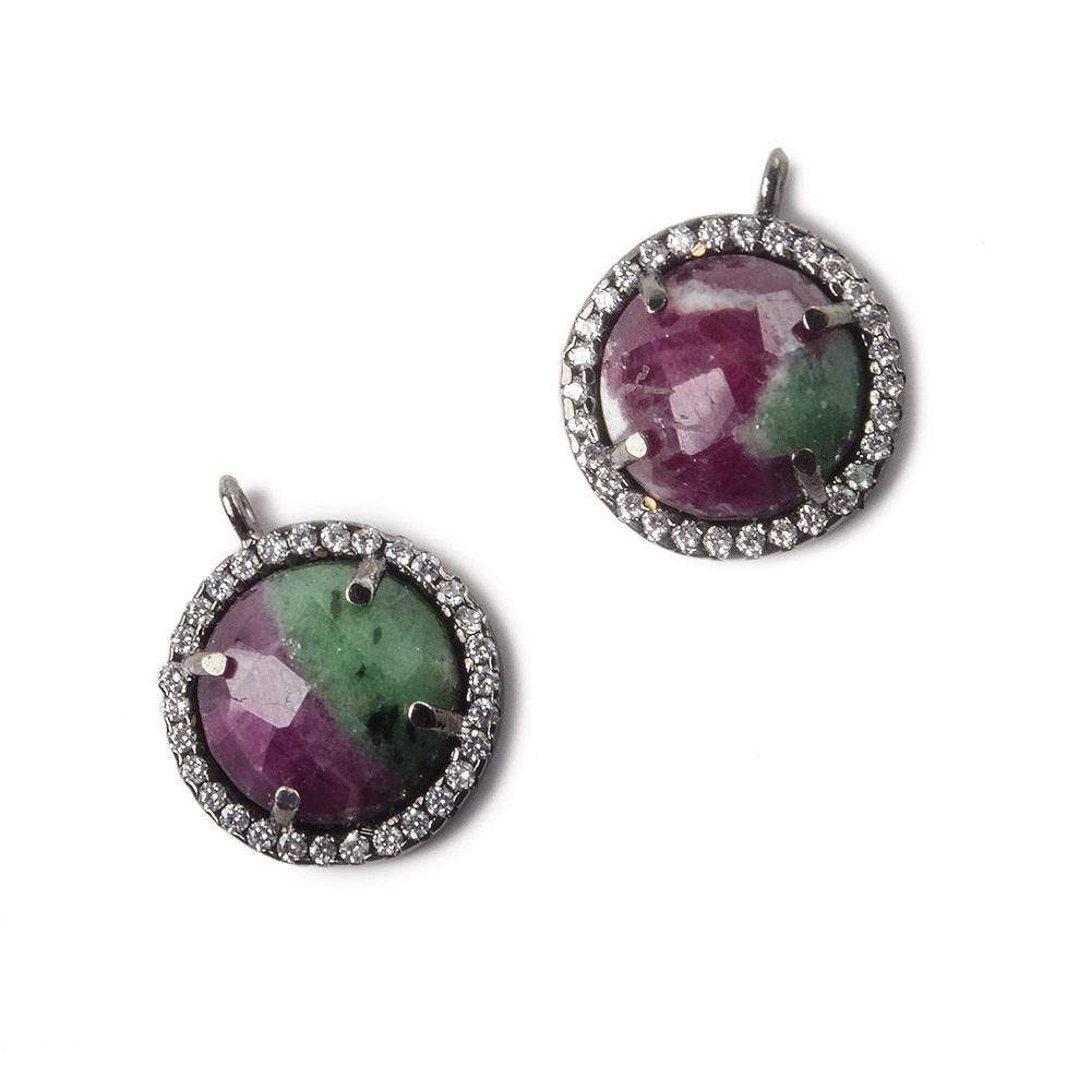 13mm Black Gold Bezel White CZ and Ruby in Zoisite Coin Pendant 1 focal bead - Beadsofcambay.com