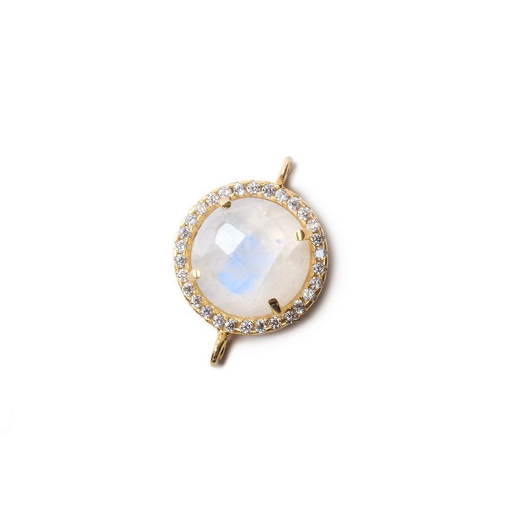 13mm Gold Bezel White CZ and Rainbow Moonstone Coin Connector 1 focal bead - Beadsofcambay.com