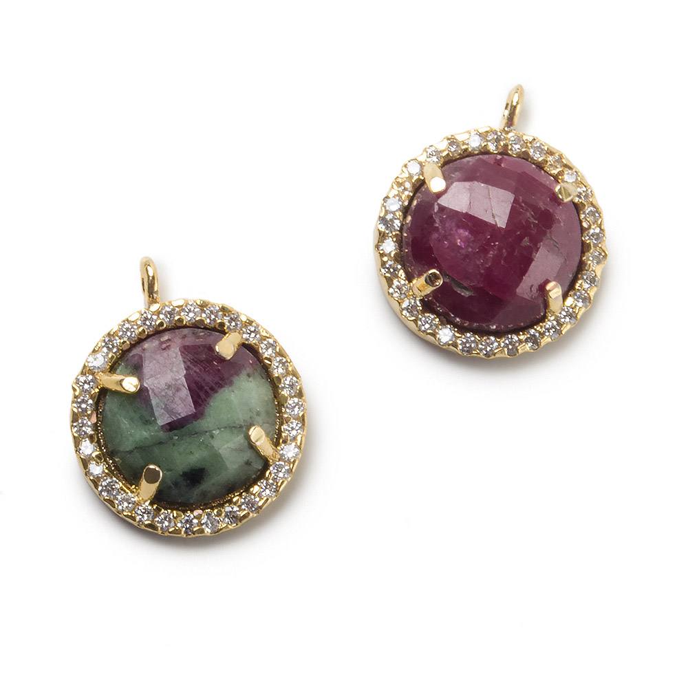 13mm Gold Bezel White CZ and Ruby in Zoisite Coin Pendant 1 focal bead - Beadsofcambay.com