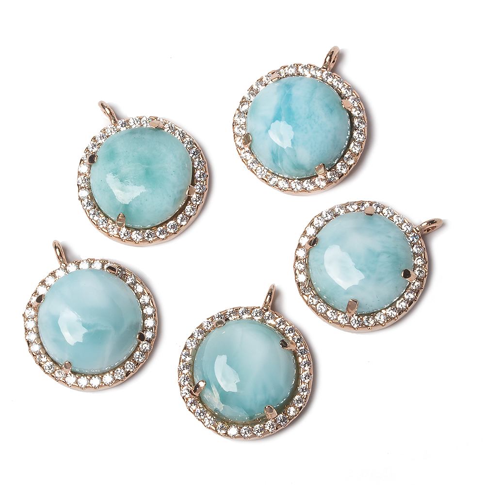 13mm Rose Gold Bezel CZ & Larimar Coin Pendant 1 focal bead - Beadsofcambay.com