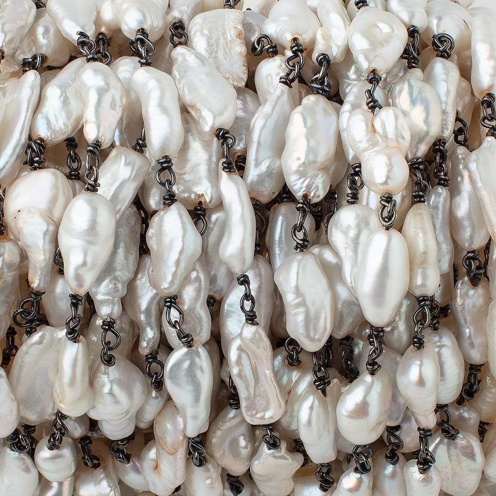 13x7mm Off White Biwa Pearls on Black Gold .925 Chain by the Foot 15 pieces - Beadsofcambay.com