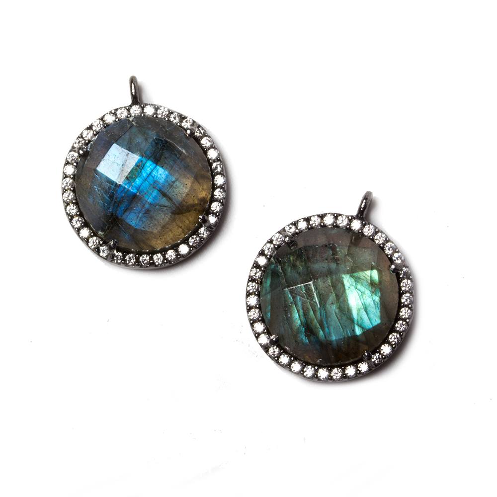 14.5mm Black Gold Bezeled White CZ & Labradorite Coin Pendant 1 pc - Beadsofcambay.com