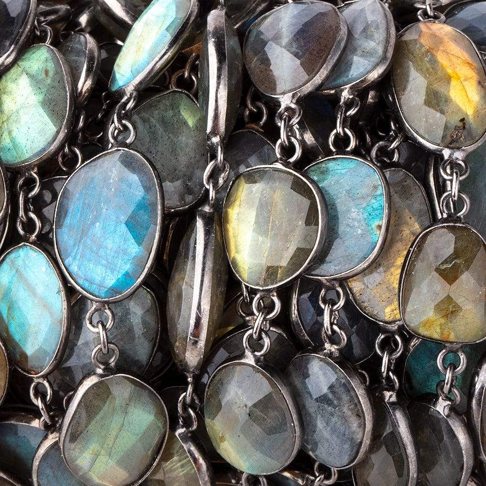 15-18mm Labradorite Nuggets Black Gold .925 Bezeled Chain by the Foot - Beadsofcambay.com