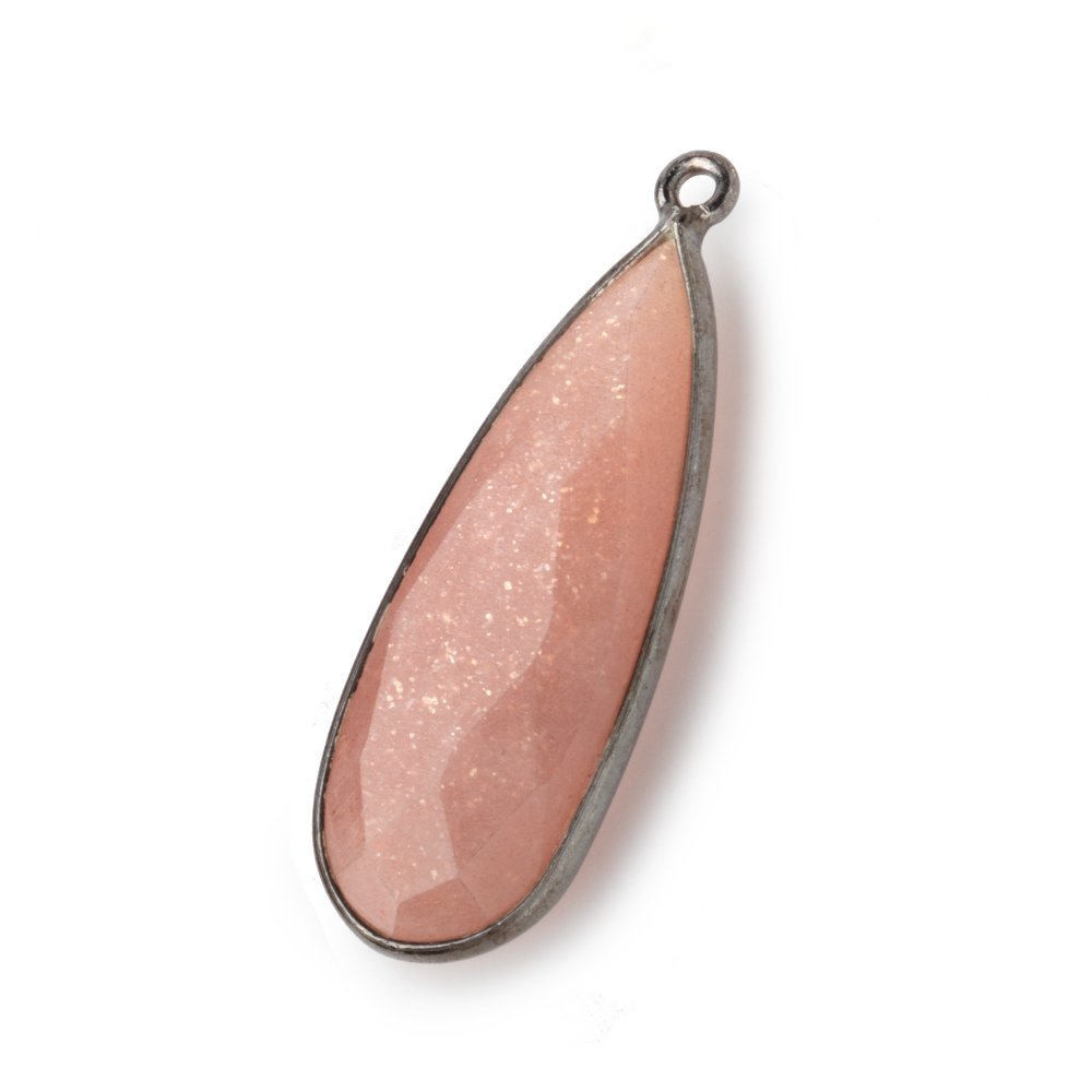 BeadsofCambay 32x12mm Black Gold Bezeled Angel Skin Peach Moonstone Pear Pendant 1 piece