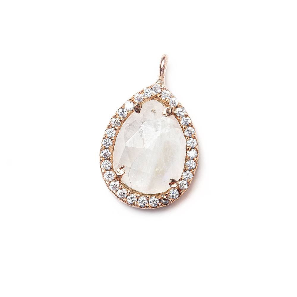 15x11mm Rose Gold Bezeled White CZ and Rainbow Moonstone Pear Pendant 1 piece - Beadsofcambay.com