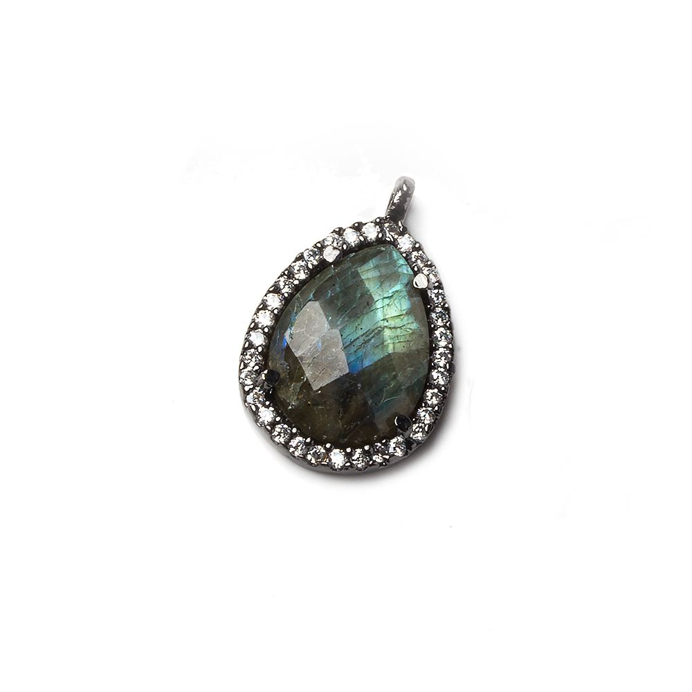 16x13mm Black Gold Bezeled White CZ and Labradorite Pear Pendant 1 piece - Beadsofcambay.com