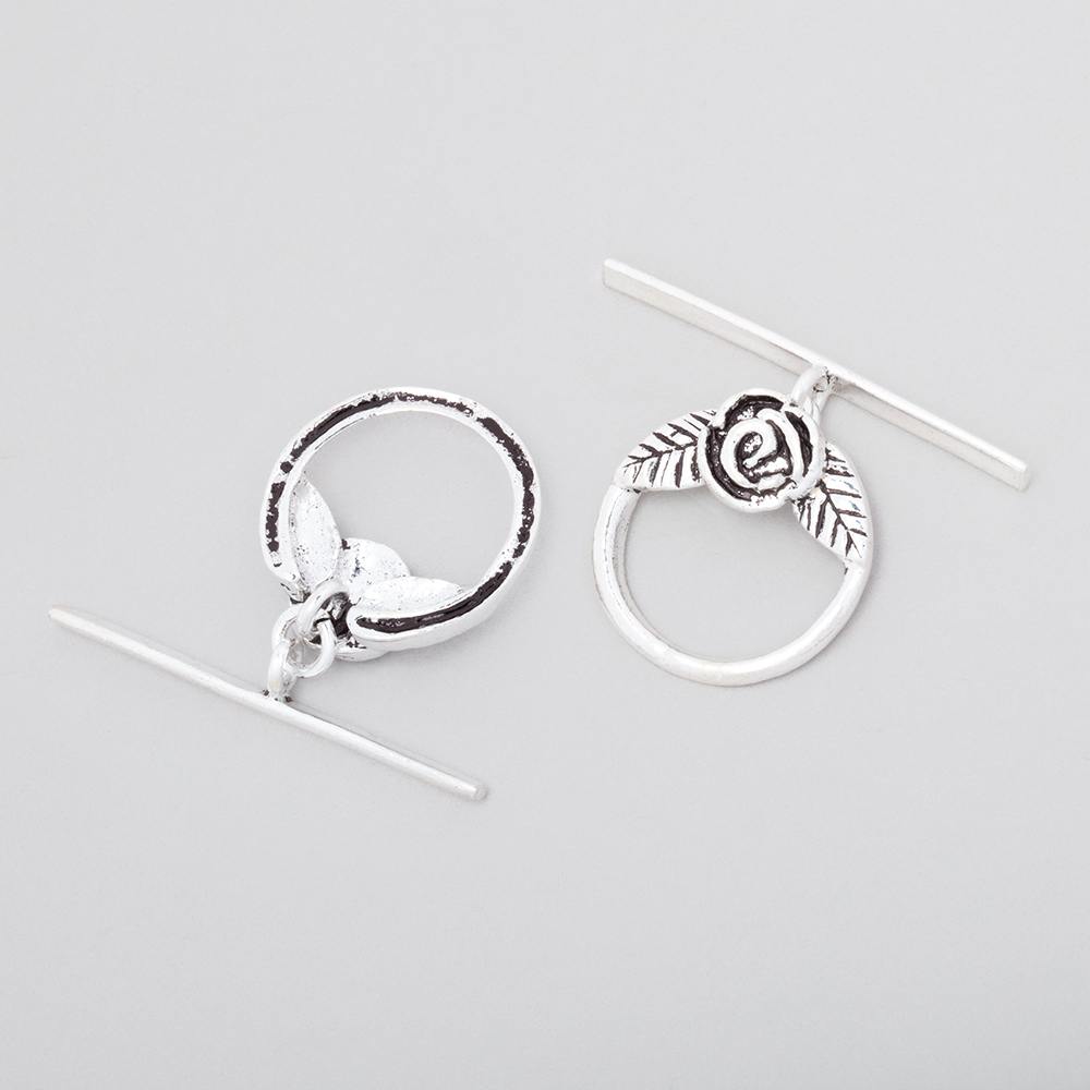 17mm Antiqued Sterling Silver Round Toggle Rose Design 1 piece - Beadsofcambay.com