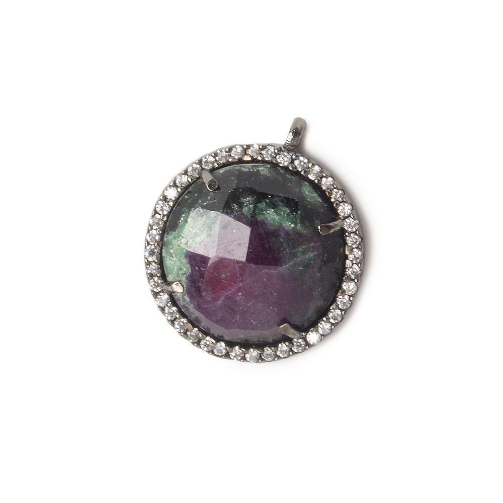 17mm Black Gold Bezel White CZ and Ruby in Zoisite Coin Pendant 1 focal bead - Beadsofcambay.com