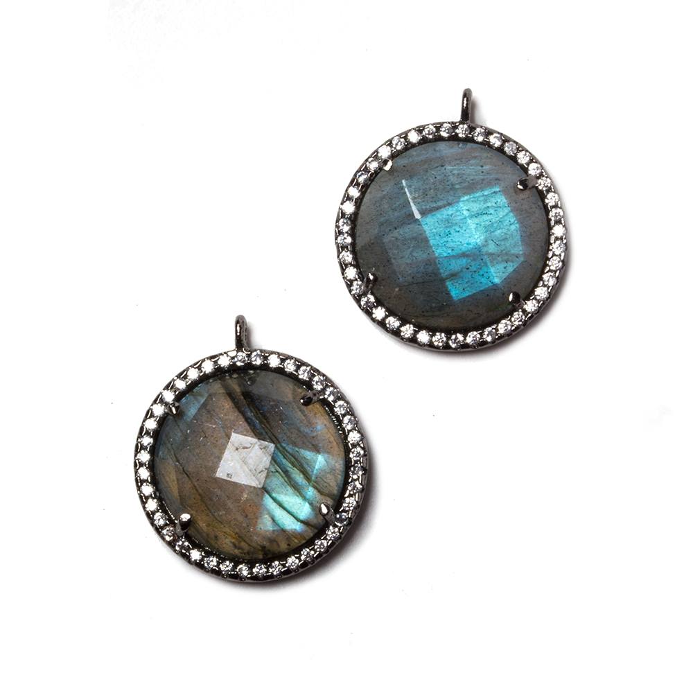 17mm Black Gold Bezeled White CZ & Labradorite Coin Pendant 1 pc - Beadsofcambay.com