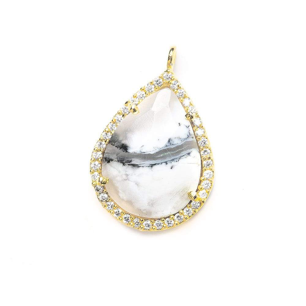 19x15mm Gold Bezeled White CZ and Dendritic Opal Pear Pendant 1 piece - Beadsofcambay.com