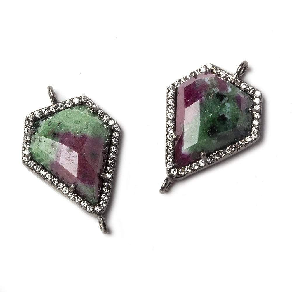 19x16mm Black Gold Bezeled White CZ and Ruby in Zoisite Shield Connector 1 piece - Beadsofcambay.com