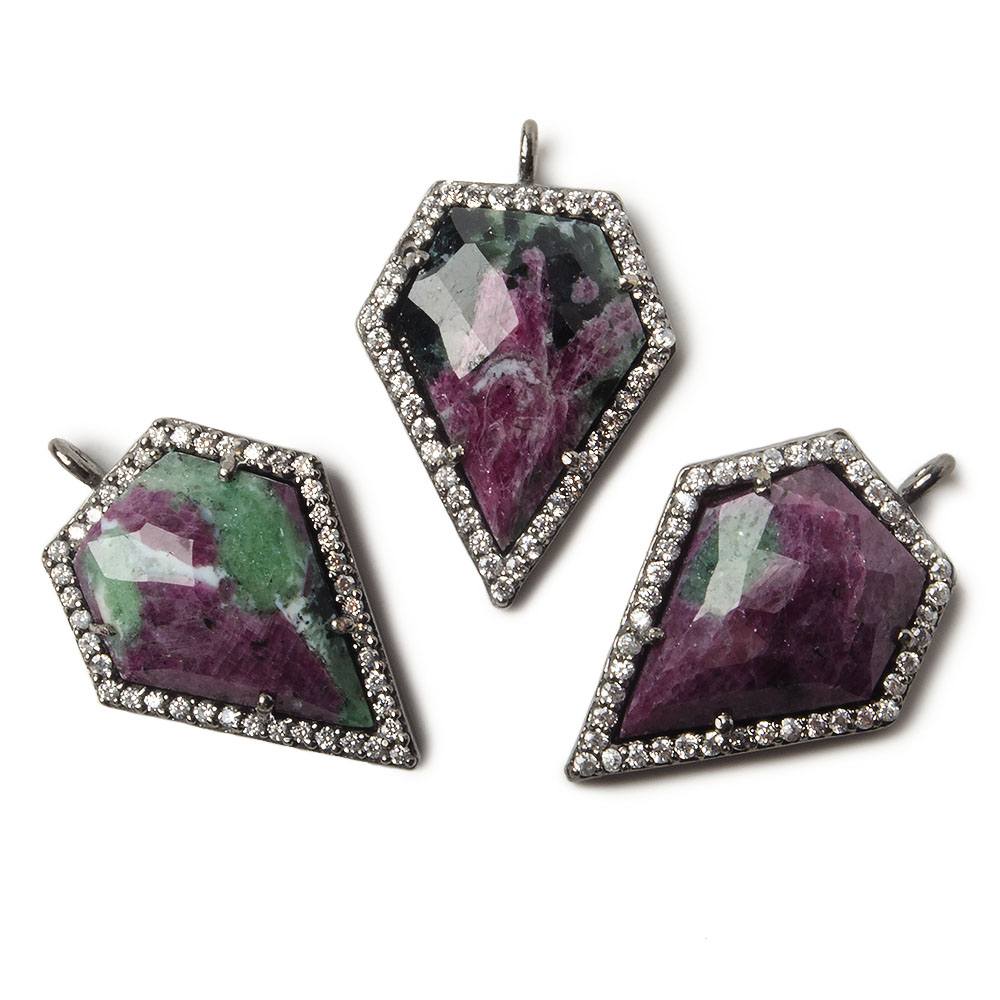 19x17mm Black Gold Bezel White CZ and Ruby in Zoisite Modified Shield Pendant 1 focal piece - Beadsofcambay.com