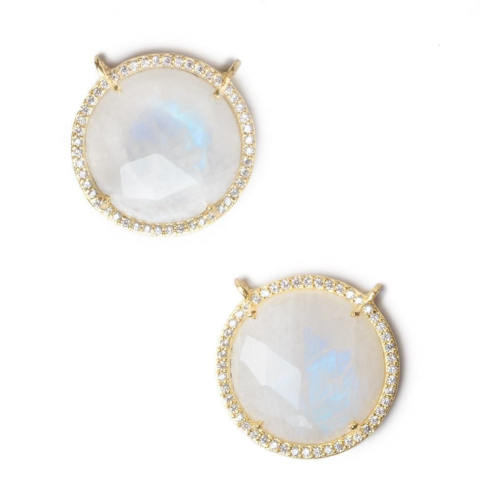 21mm Gold Bezel White CZ and Rainbow Moonstone Coin Top Ring Connector 1 focal bead - Beadsofcambay.com