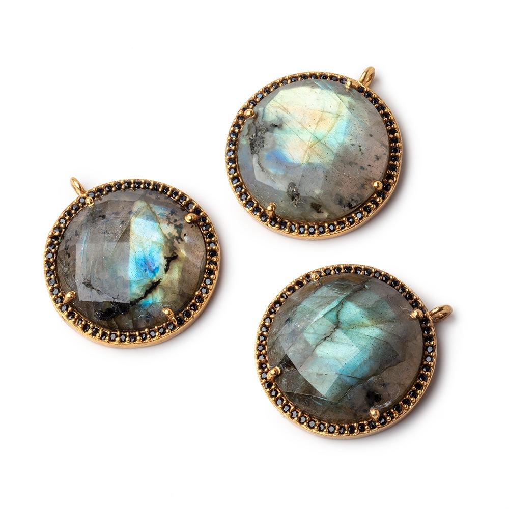 21mm Vermeil & Black CZ Bezel Labradorite Coin Pendant 1 Focal Bead - Beadsofcambay.com