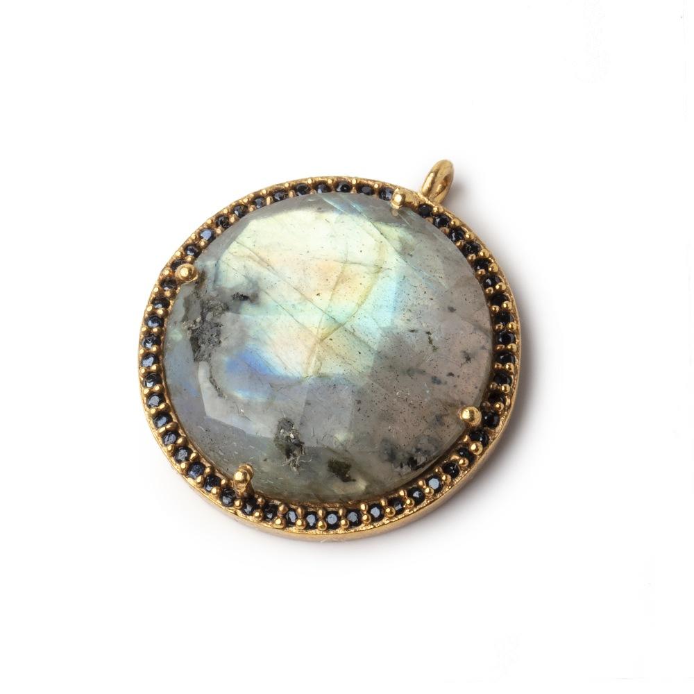 21mm Vermeil & Black CZ Bezel Labradorite Coin Pendant 1 Focal Bead - Beadsofcambay.com