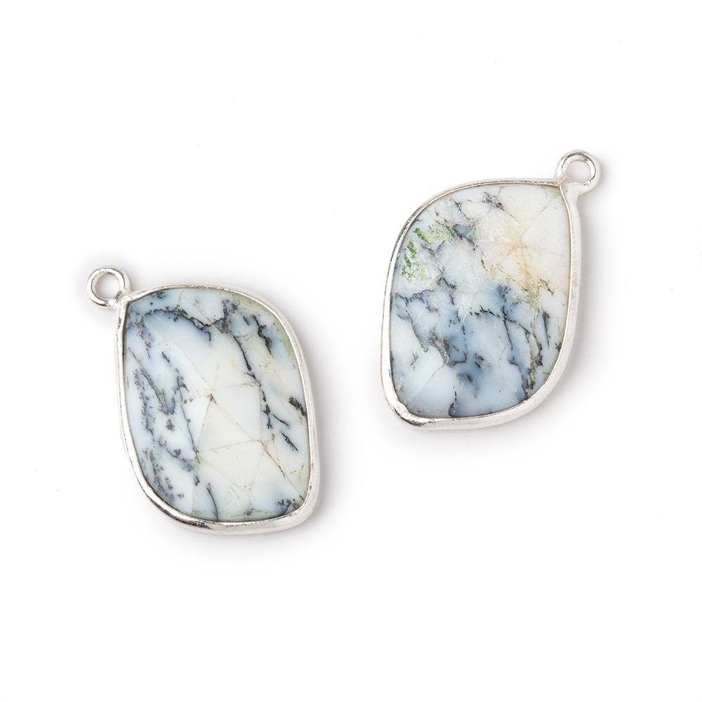 21x14mm .925 Silver Bezel Dendritic Opal Faceted Freeform Set of 2 Pendants - Beadsofcambay.com