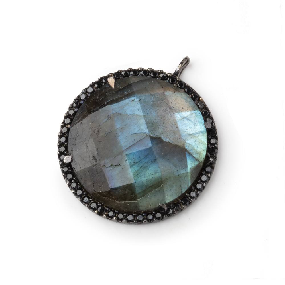 23mm Black Gold & Black CZ Bezel Labradorite Coin Pendant 1 Focal Bead - Beadsofcambay.com