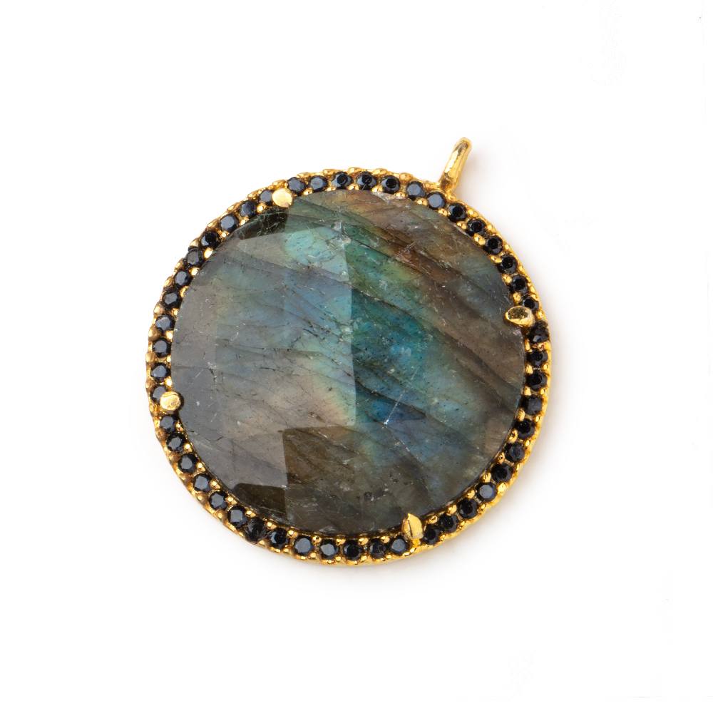 23mm Vermeil & Black CZ Bezel Labradorite Coin Pendant 1 Focal Bead - Beadsofcambay.com