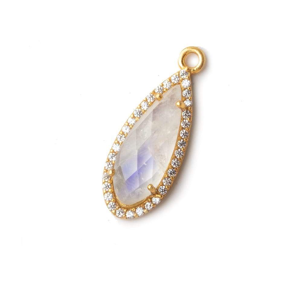 23x10mm Vermeil Bezeled White CZ & Rainbow Moonstone Pear Pendant 1 pc - Beadsofcambay.com