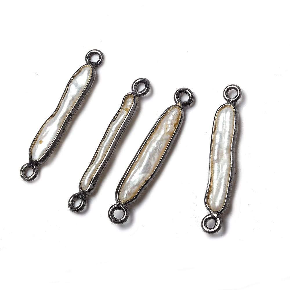 23x4mm Black Gold Bezeled White Biwa Pearl Connector Set of 4 - Beadsofcambay.com