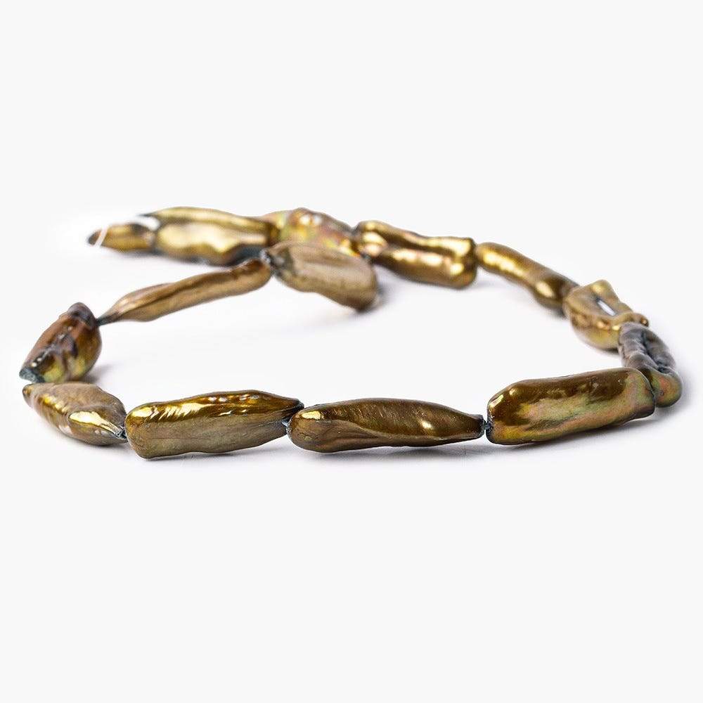 23x8mm Golden Green Biwa Freshwater Pearl 16 inch 18 pieces - Beadsofcambay.com