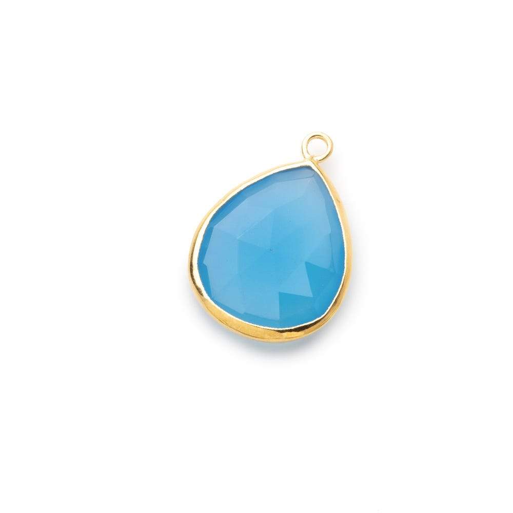 24x16mm Vermeil Bezeled Santorini Blue Chalcedony faceted Pear Focal Pendant 1 piece - Beadsofcambay.com