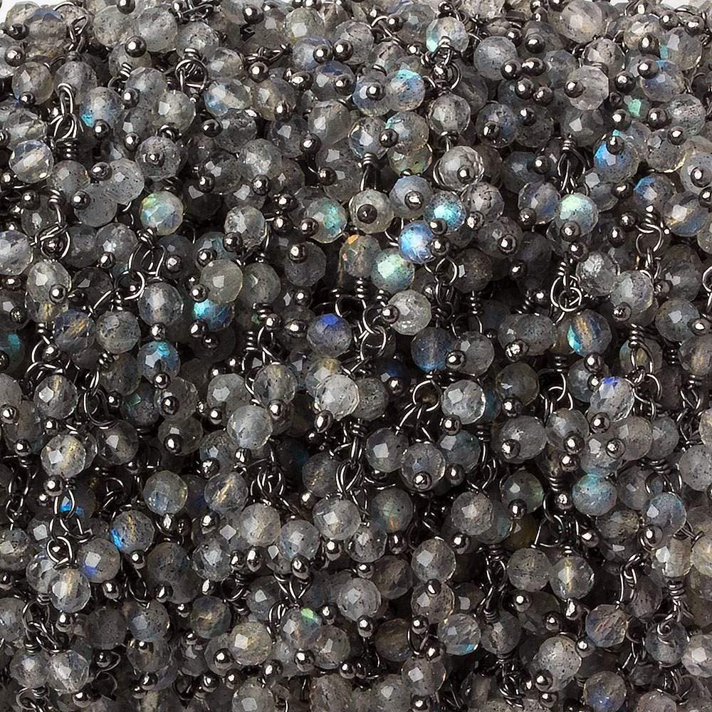 2.5mm Labradorite micro-faceted round Black Gold Dangling Chain by the foot - Beadsofcambay.com